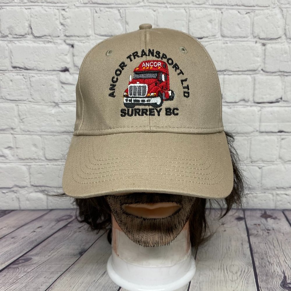 Trucker Hat Cap Strap Back Brown ANCOR Transport Surrey BC Embroidered Truck